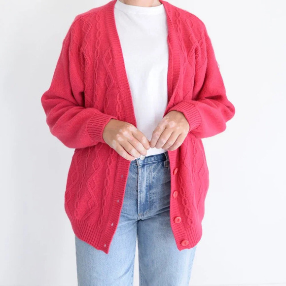 Vintage Tradition  Pink Cable Knit Barbiecore Button Up Cardigan Sweater L - Picture 2 of 12